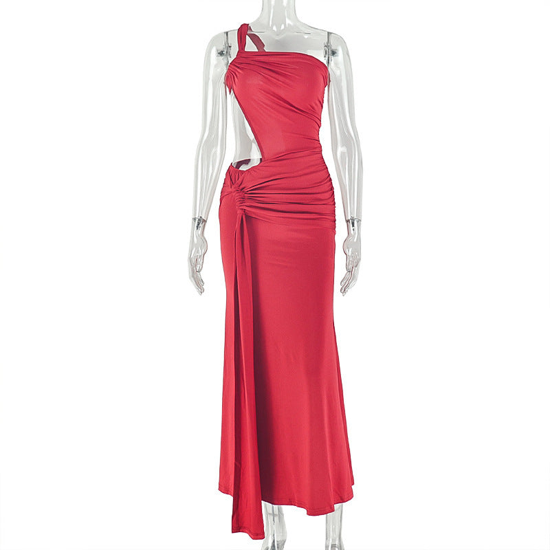 Solid Color Bodycon Backless Ruched Midi Dress