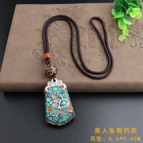 Vintage Ebony Nepal Pendant Fortune Transfer Necklace Long Versatile Ethnic Style Peace Card Pendant Necklace