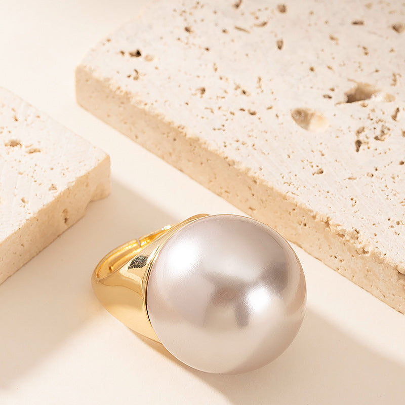 Fashionable Pearl Inlay Adjustable Open Ring For Women