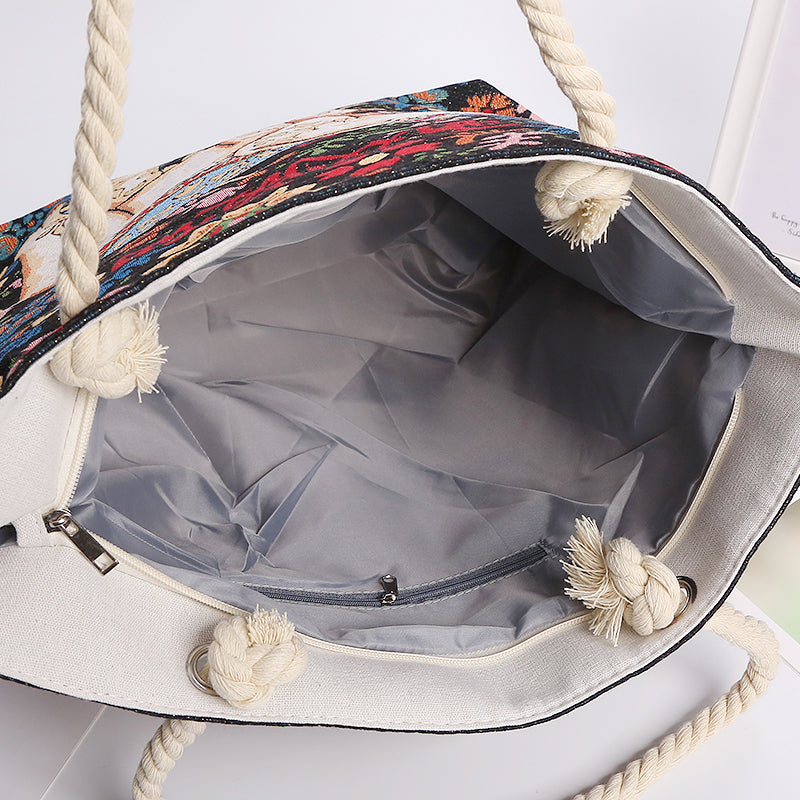 Ethno-Style Black Flower Elephant Double-Sided Jacquard Embroidery With Gold Wire Canvas Chain Tote Shoulder Bag