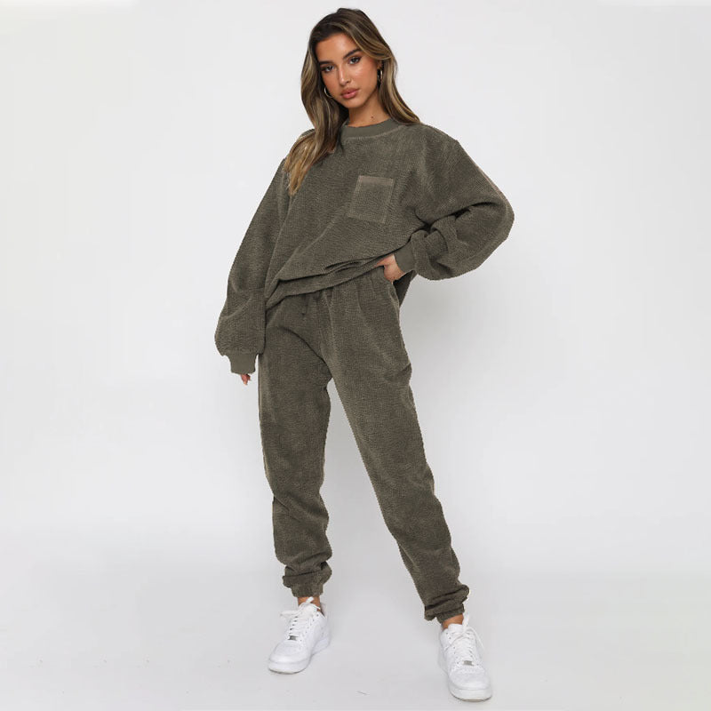 Solid Color Corduroy Casual Pullover Set