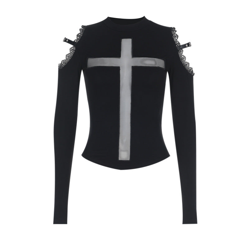 Cross Print Sheer Long Sleeve Top Black Casual Chic