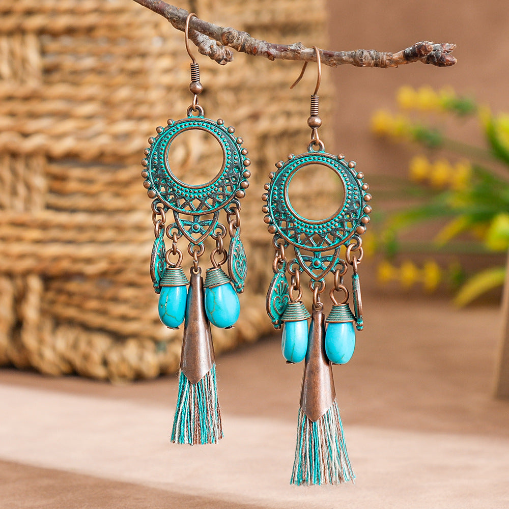Vintage Handmade Geometric Long Tassel Earrings with Turquoise Accents