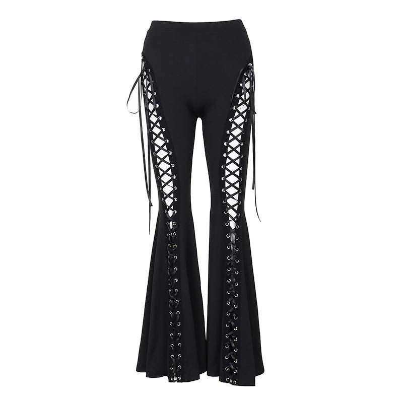 Trendy Black High-Waisted Flared Pants with Eyelet Design