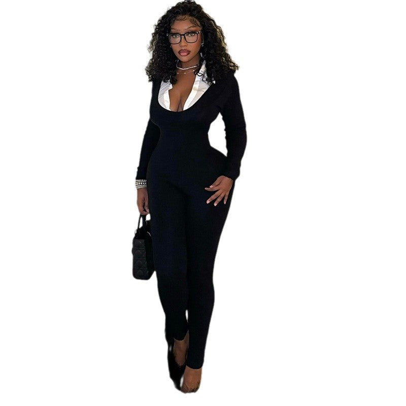 Sleek Elegant Women'S Jumpsuit With Zipper Long Sleeve White U-Neck