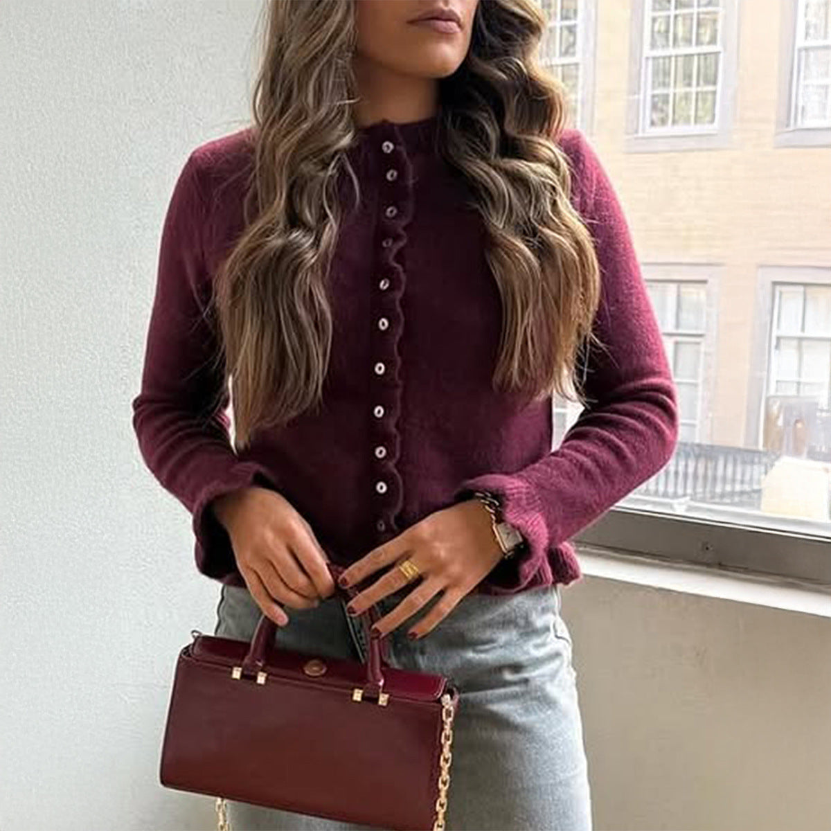 Casual Solid Knit Button Cardigan Sweater for Women