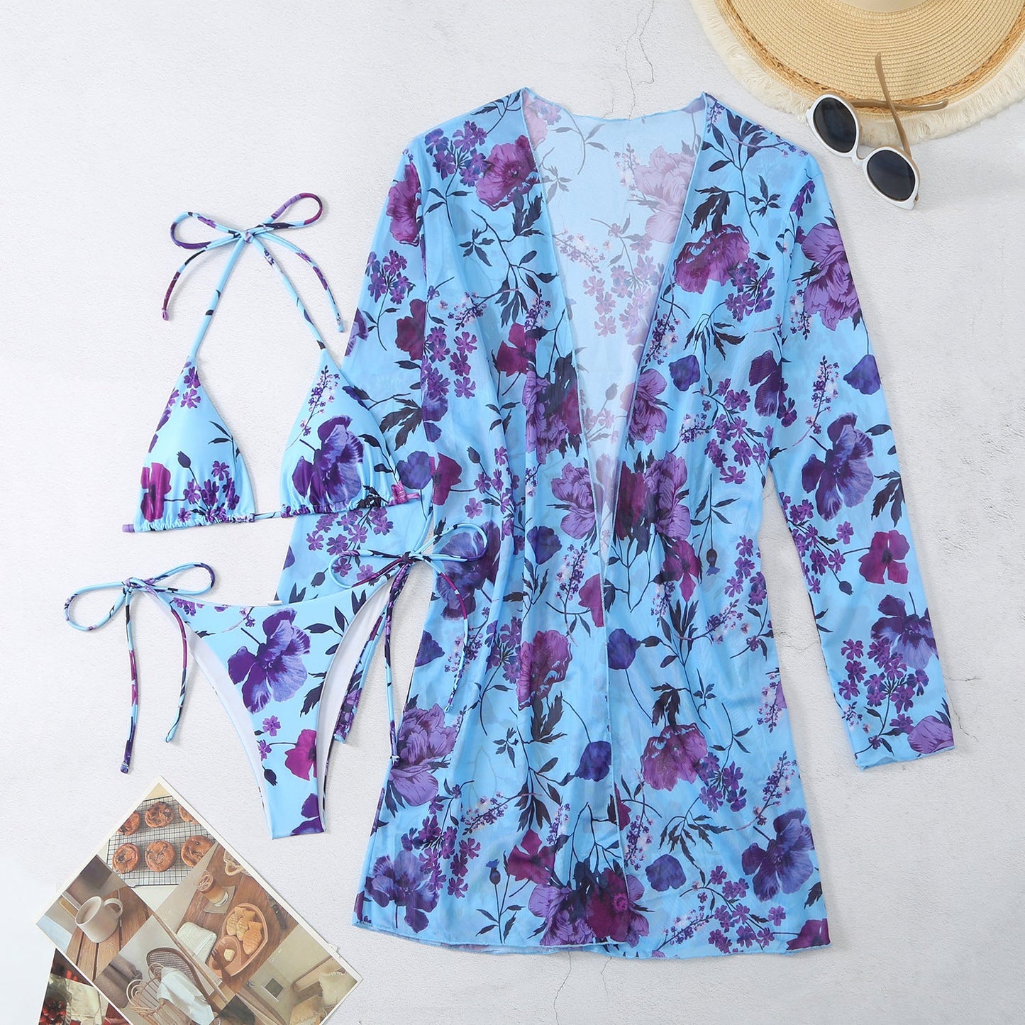 5 Colors Swimwear Printed Mesh Three-Piece Cover-Up Bikini Swimsuit