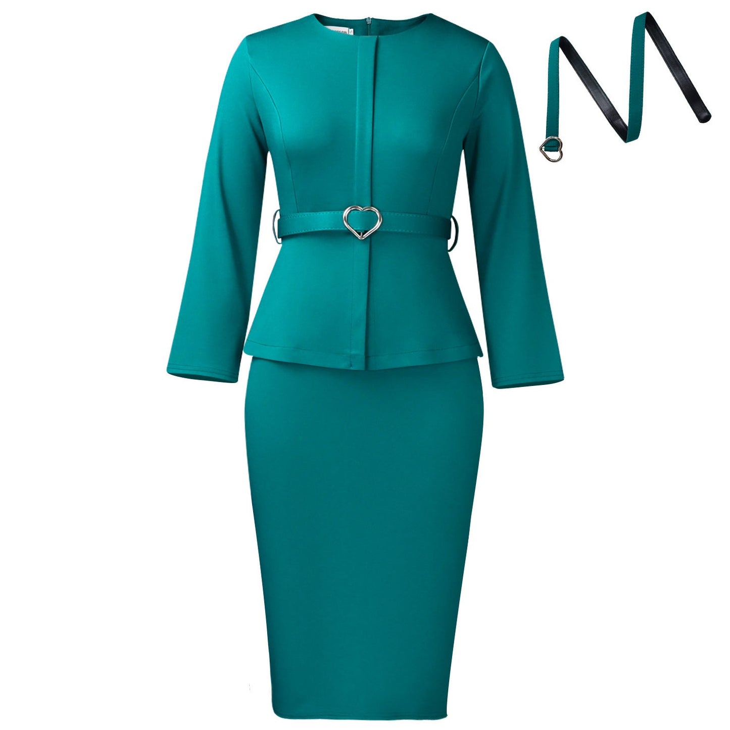 Elegant Round Neck Pencil Dress With Belt