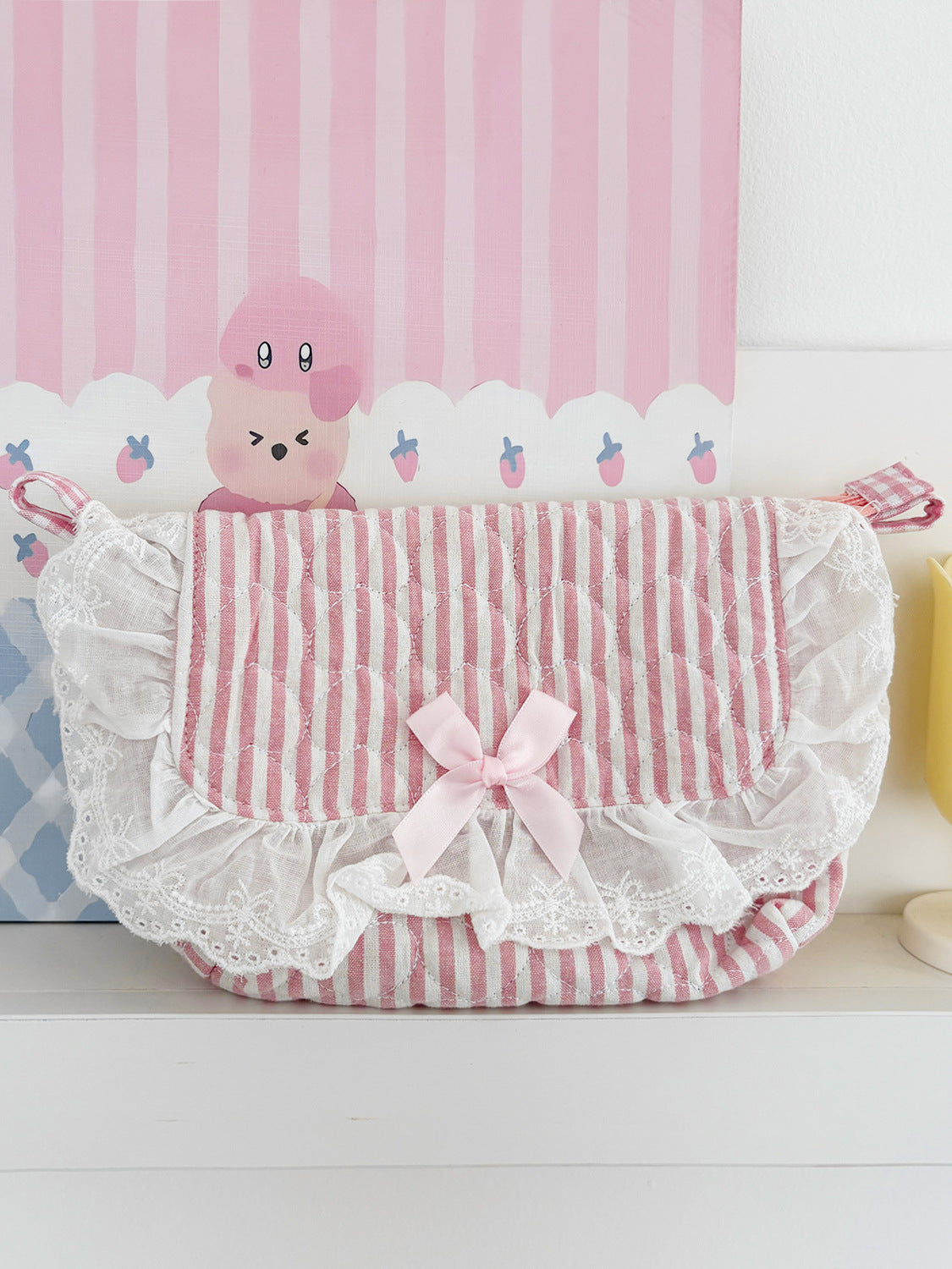 Pastel Striped Heart Lace Crossbody Bag Soft Casual Tote