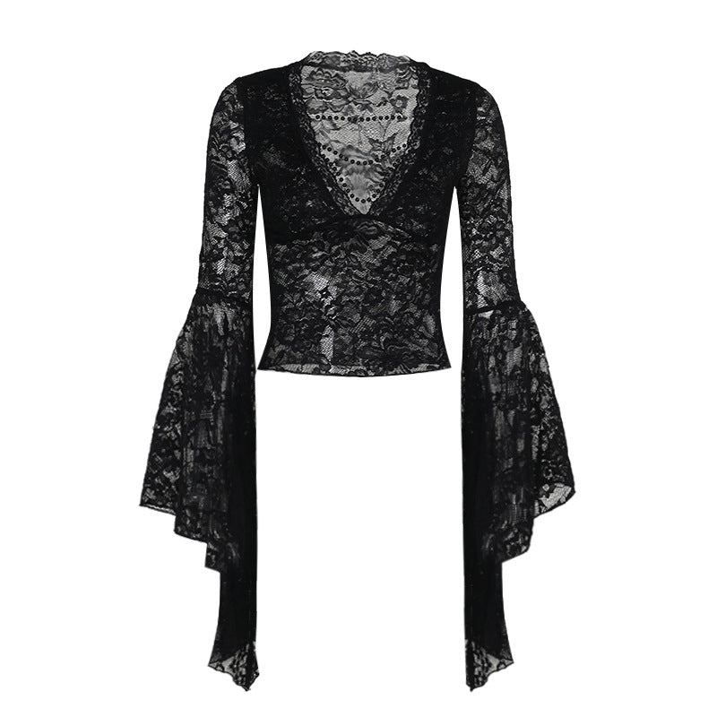 Black Lace V-Neck Top with Beaded Chain For Women