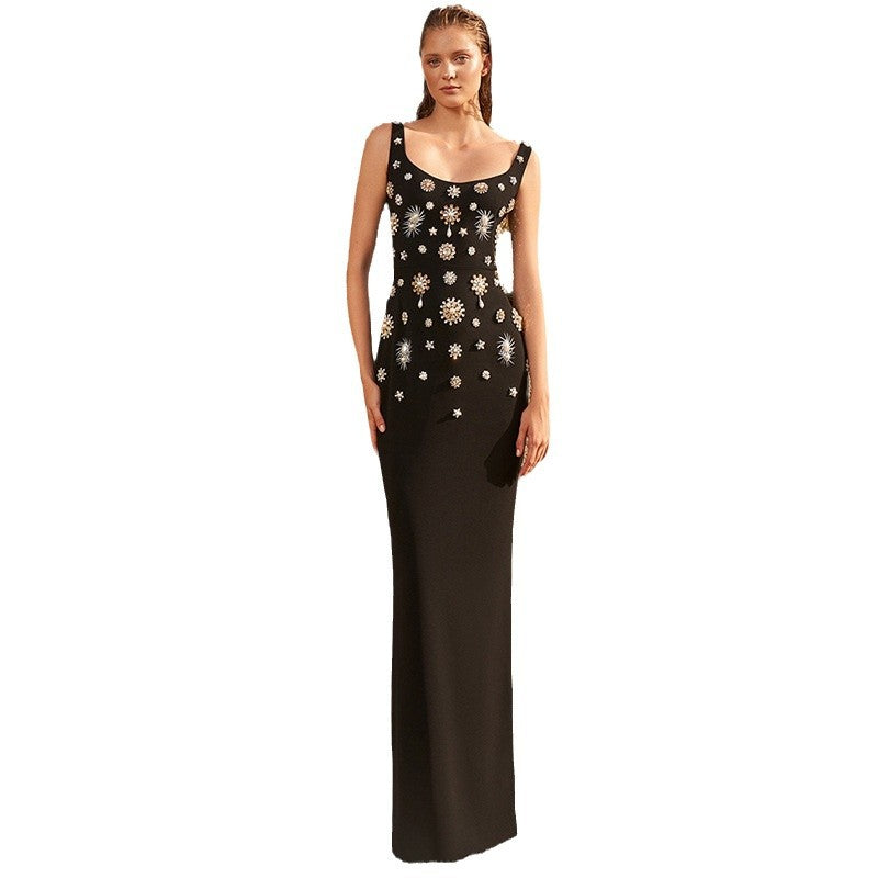 Elegant Black Long Maxi Dress With Beaded Embellishments