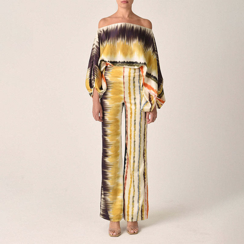 2025 Spring New Suit Printed Round Neck Loose Bat Sleeve Waist Wide Leg Pants Fashion Suit