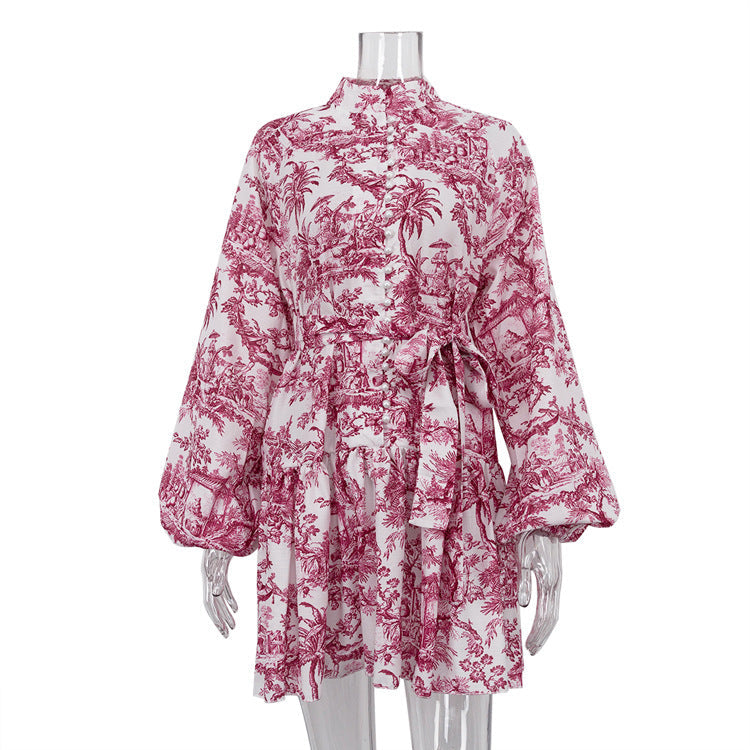 The New National Style Ink Print Short Dress With Bubble Sleeve Stand Collar And Retro A-Line Skirt