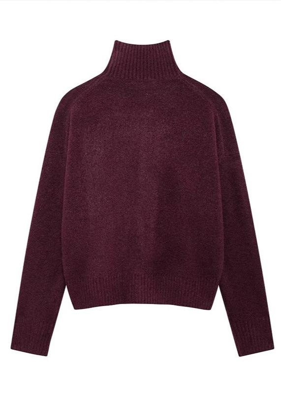 Plush Knit Turtleneck Sweater Burgundy Cozy Style
