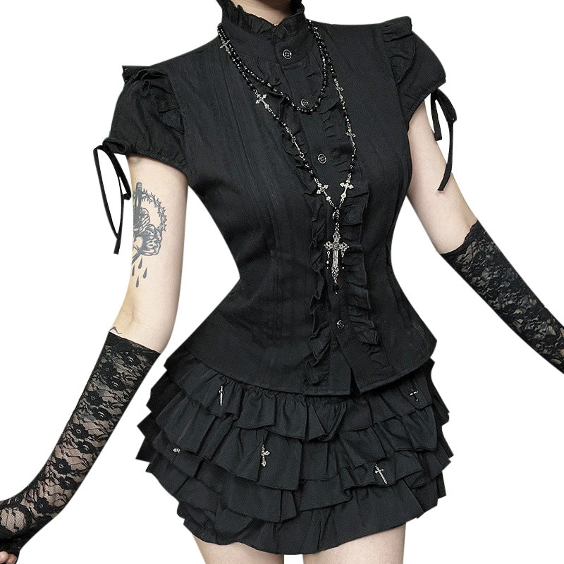 Collared Short Sleeve Textured Shirt Black Casual Streetwear