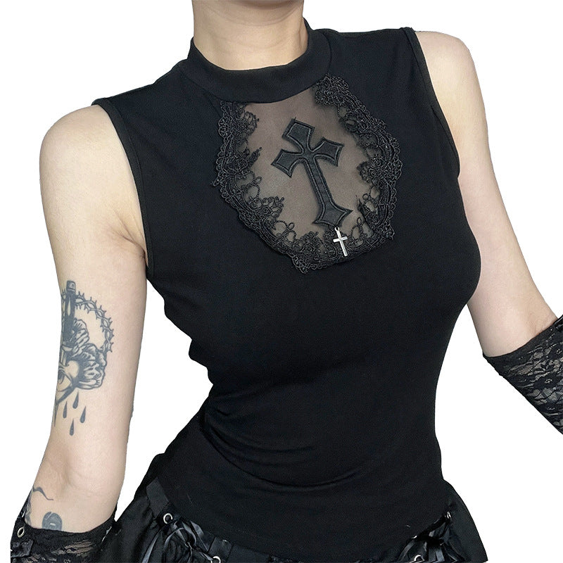 Gothic Cross Tank Top Sheer Fitted Tank