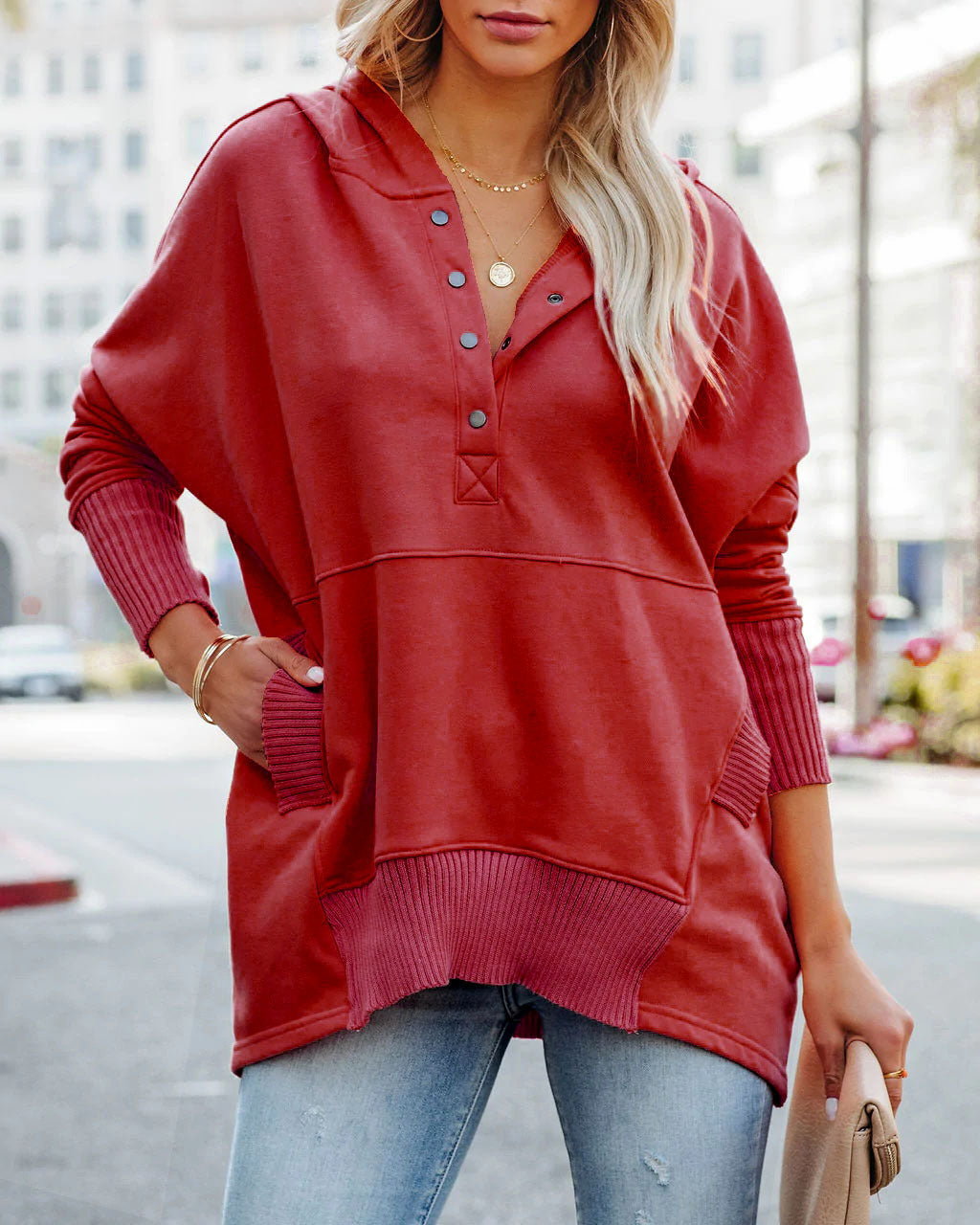 V-Neck Hooded Multi-Colored Bat-Sleeved Sweatshirt Loose Threaded Panels Top For Women