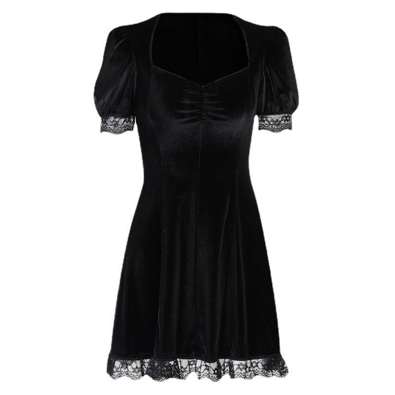 Elegant Lace Trim Puff Sleeve Dress Soft Fabric Casual Style