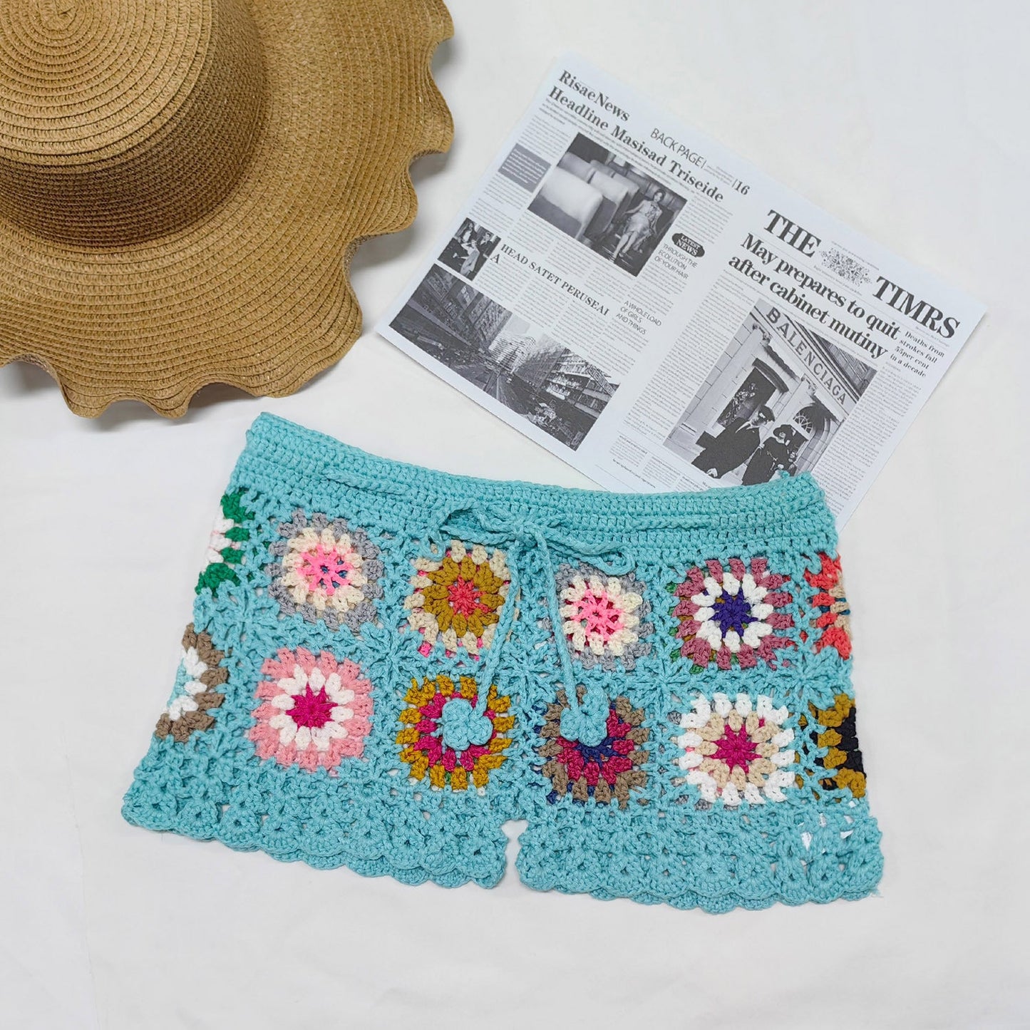 Random Color Crochet Patchwork High-Waisted Hot Pants