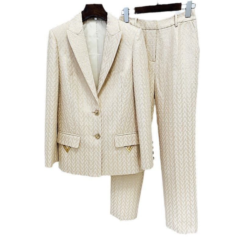 Elegant Jacquard Blazer And Trousers Set For Events