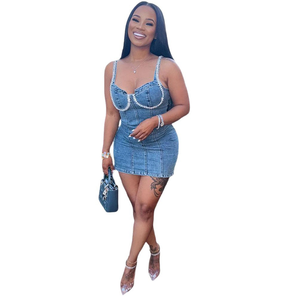 Trendy Blue Denim Bodycon Dress With Rhinestones