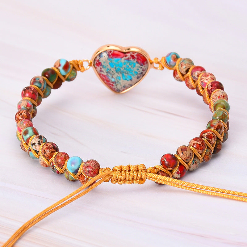 Emperor Stone Peach Heart Shaped Bezel Hand-Woven Bracelet Adjustable