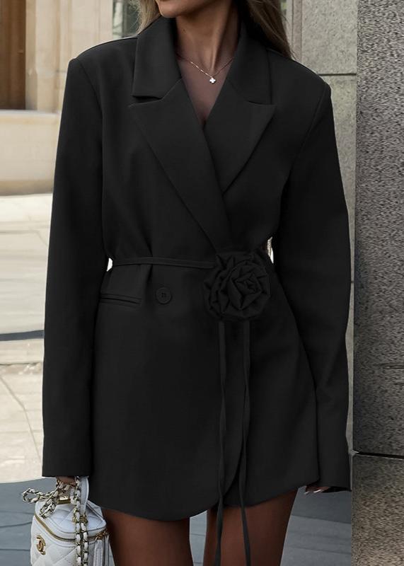 Belted Wool Blend Blazer With Floral Accent