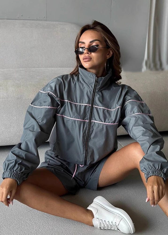 Windproof Nylon Oversized Zip Jacket And High Waist Shorts Set