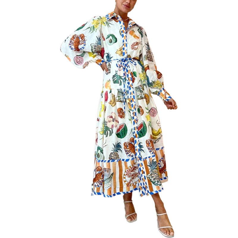 New Autumn Single-Breasted Graffiti Printed Lace Waist Dress