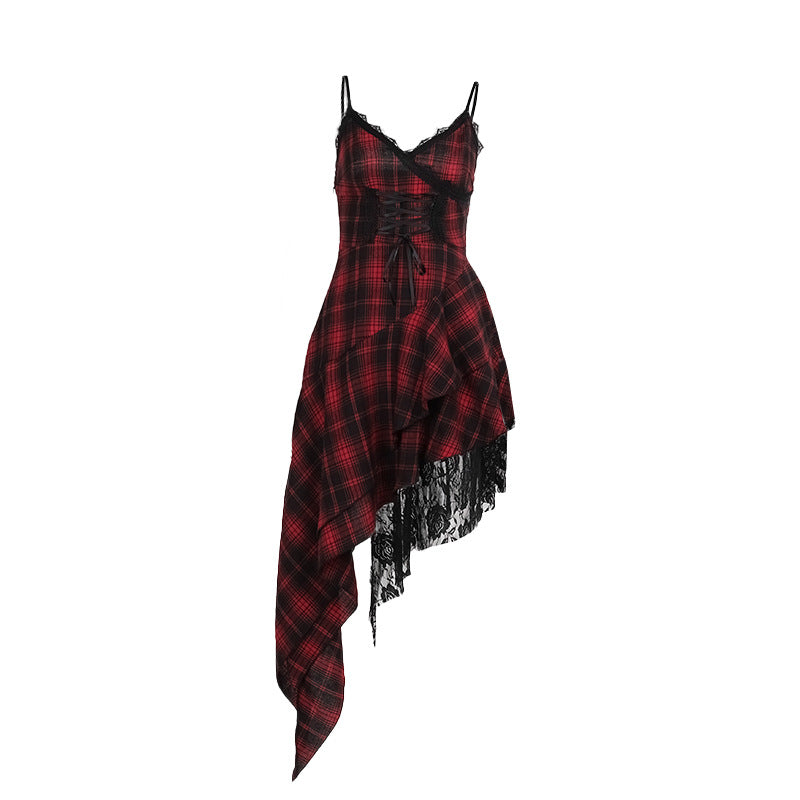 Dark V- Neck Strappy Dress with Asymmetrical Hem