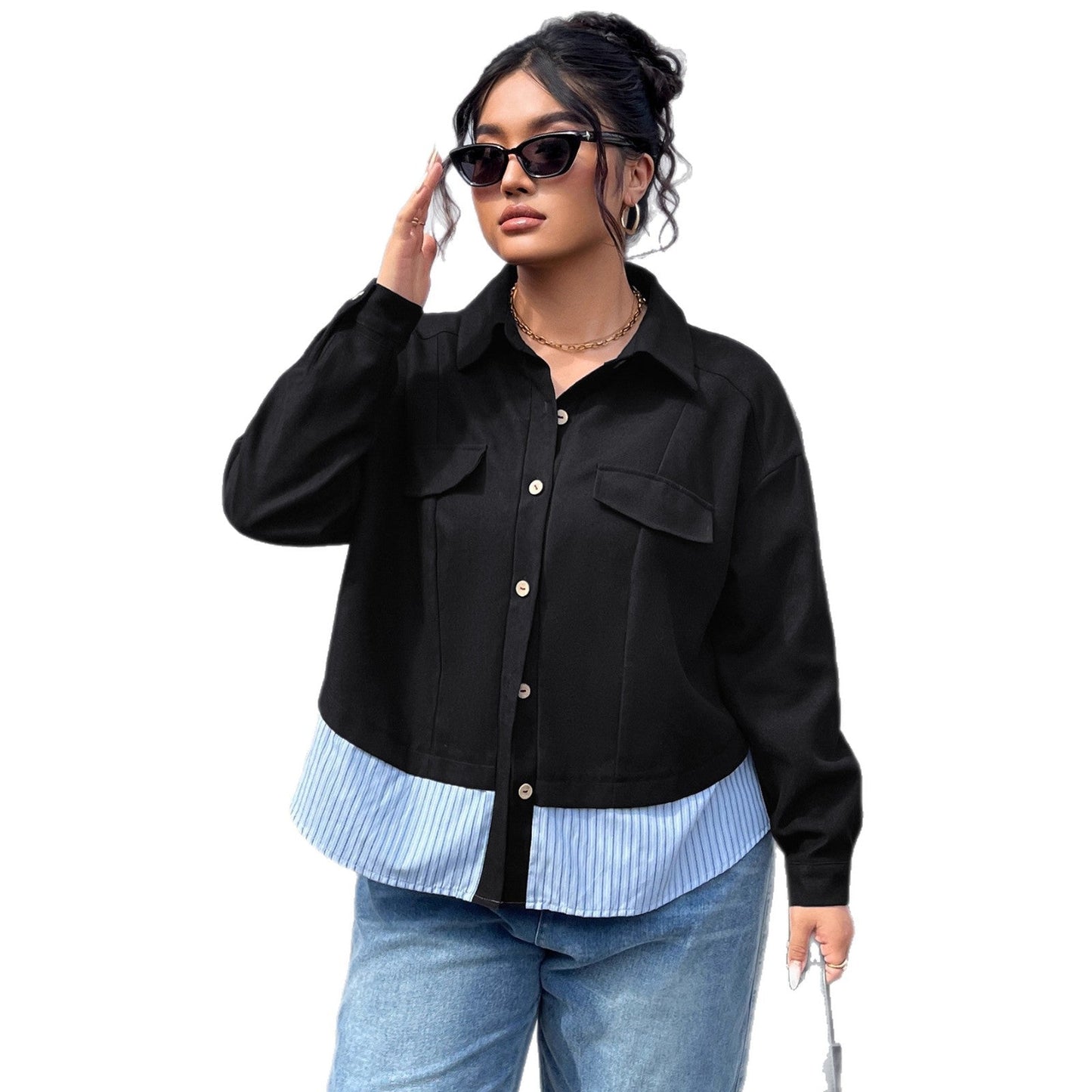 Plus Size Striped Patchwork Short Coat For Women