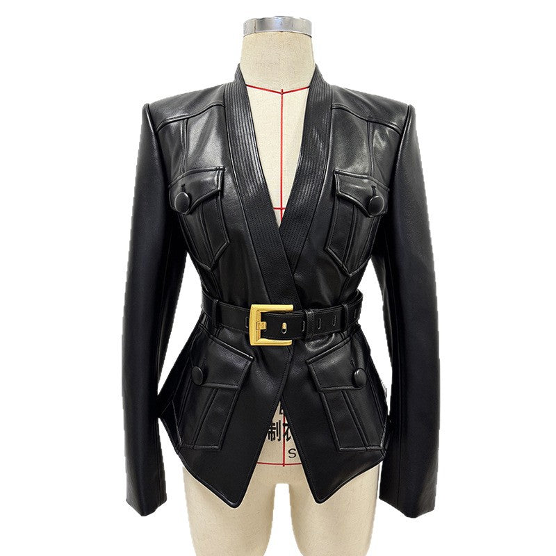 Fashionable Black Leather Jacket With Belt