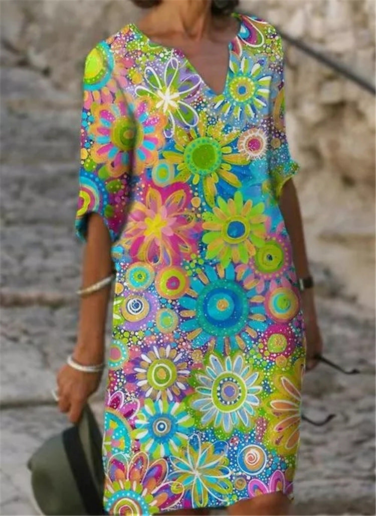 Two-Tone Printed V-Neck Loose Bamboo Dress
