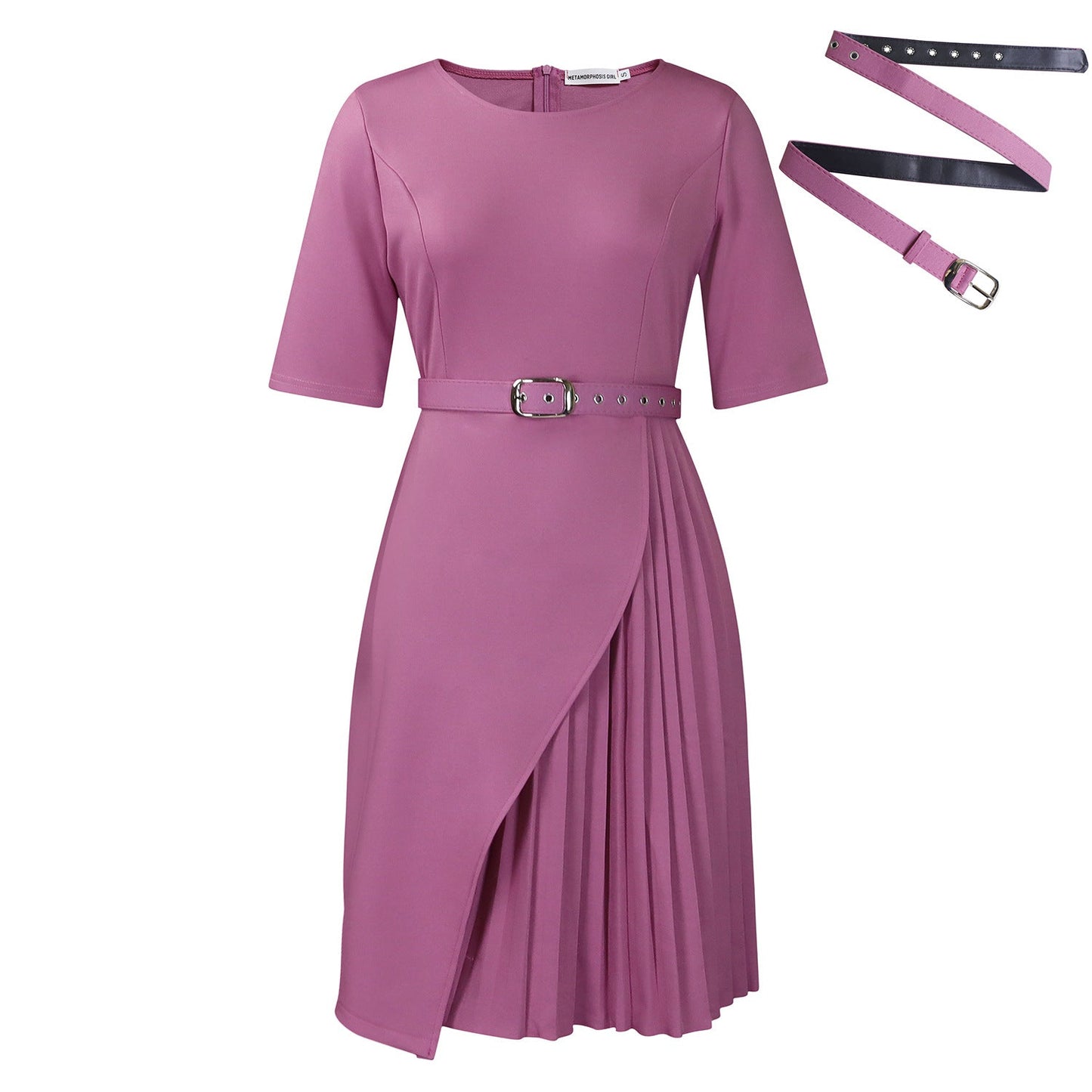 Elegant High-Waisted Pleated Midi Dress With Belt