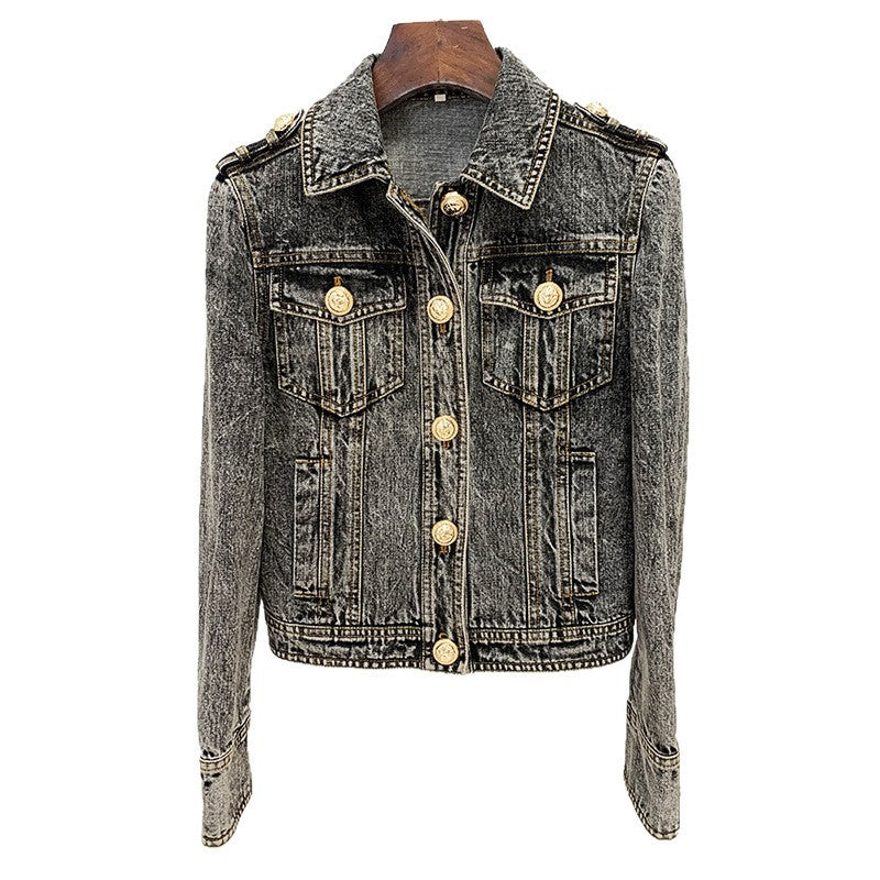 Lion Head Button Slim Fit Denim Jacket