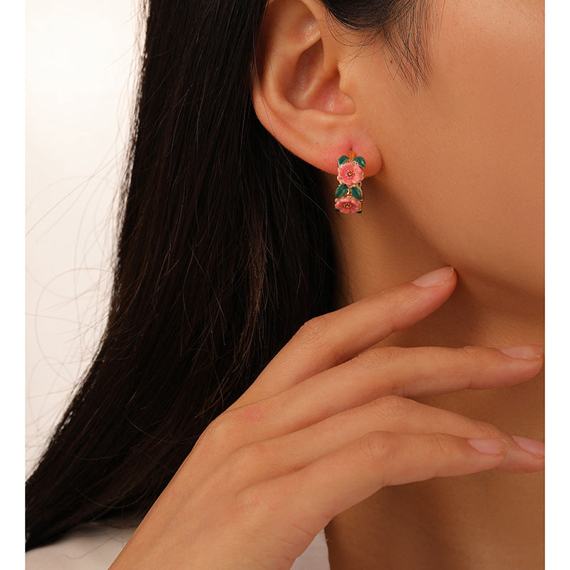 Vintage Camellia Enamel Drip Glaze Hoop Earrings