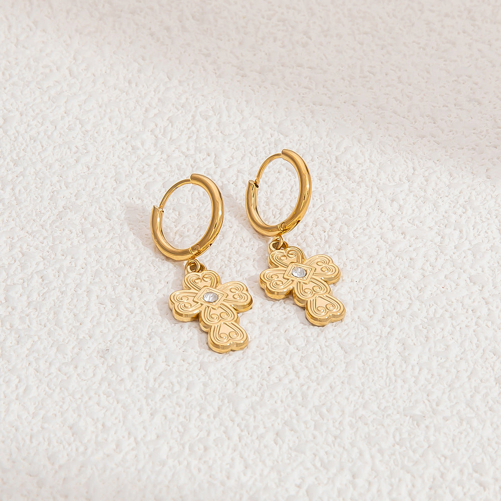 Gold Hollow Cross Earrings with Zircon Stones