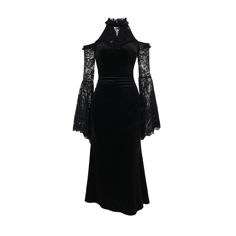 Black Off-Shoulder Long Sleeve Witch Dress for Women