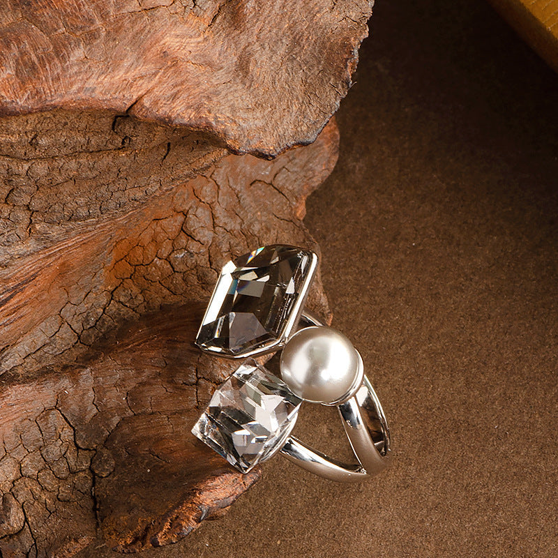 Fashionable Square Crystal Pearl Adjustable Ring For Couples