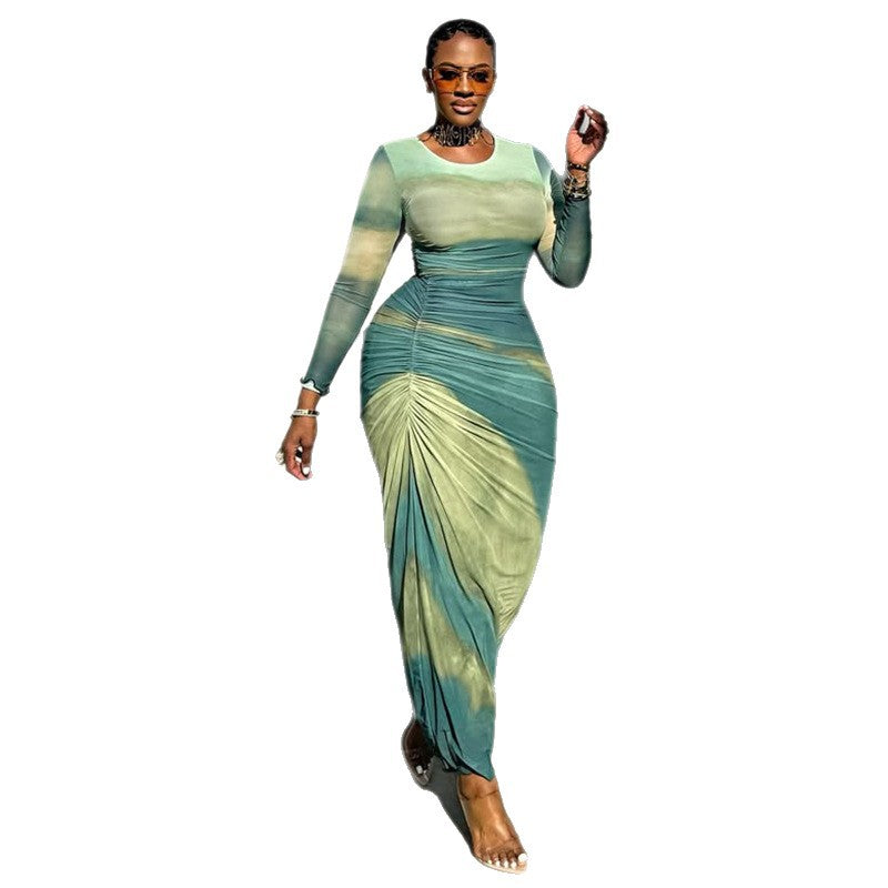 Trendy Floral Ruched Bodycon Dress With Long Sleeves