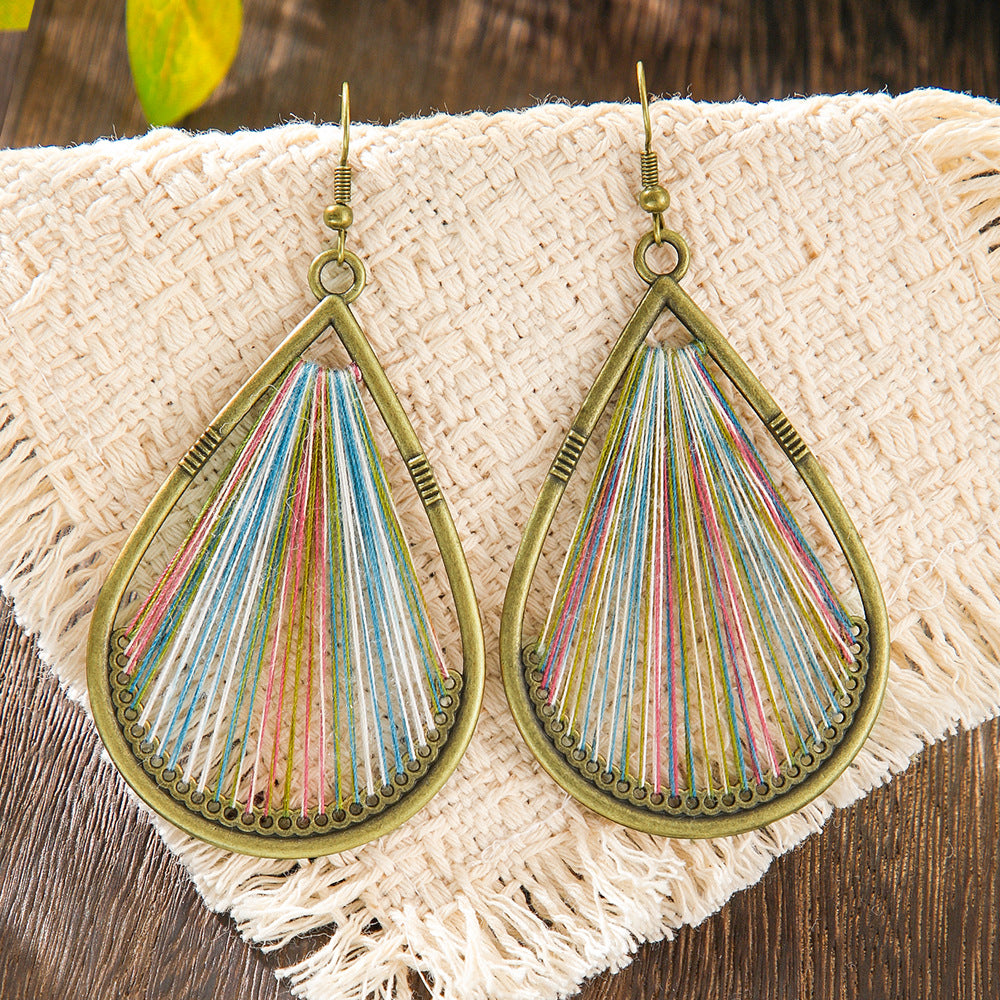 Bohemian Handcrafted Wire Earrings Colorful Thread Weaving Statement Dangle Earrings