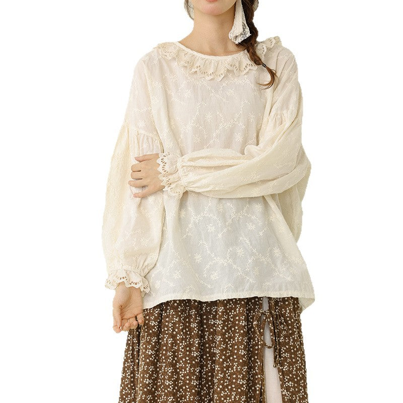 Sweet Plain Embroidered Lantern Sleeve Top Casual Loose Blouse