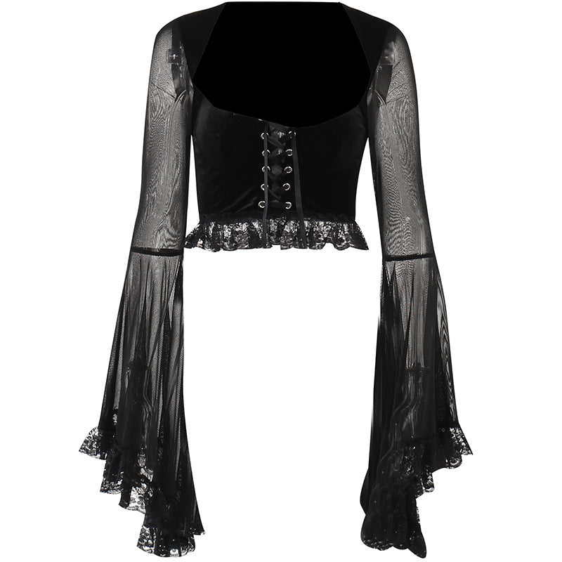 Sexy Black Bell Sleeve T-Shirt Sheer Panel Casual Top