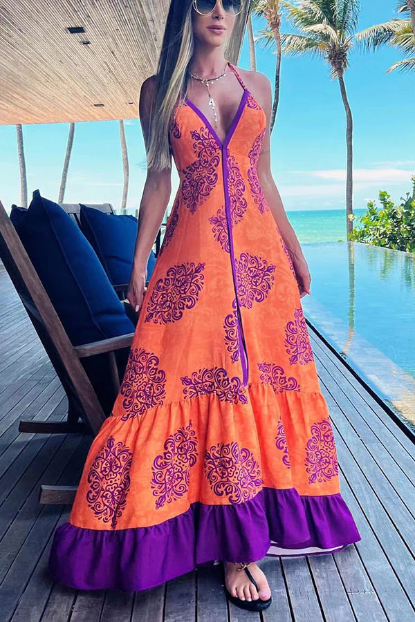 Summer Women'S Fashion Print V-Neck Slip Dress