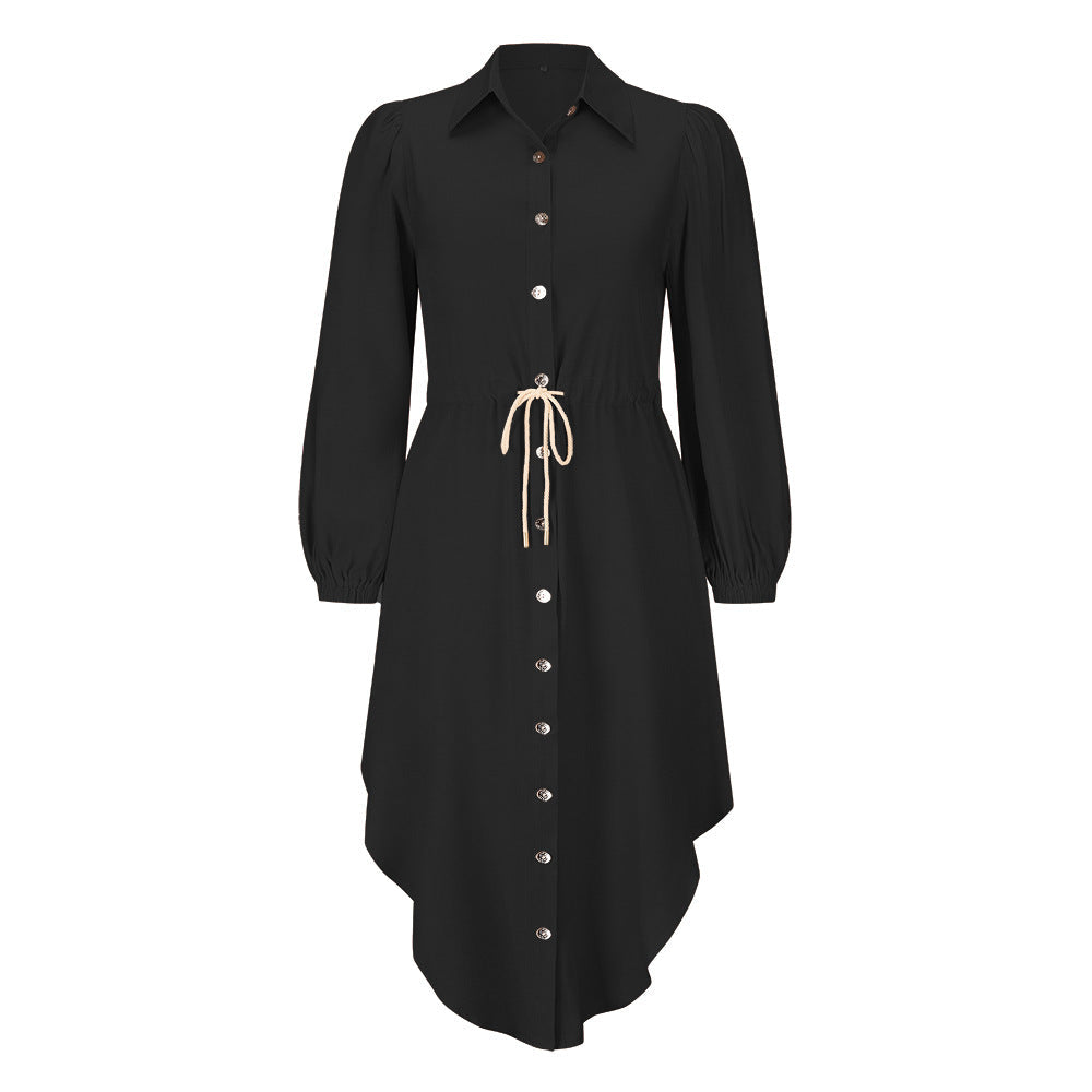 Long-Sleeved Temperament Shirt Mid-Length Tie-Up Waist Dress