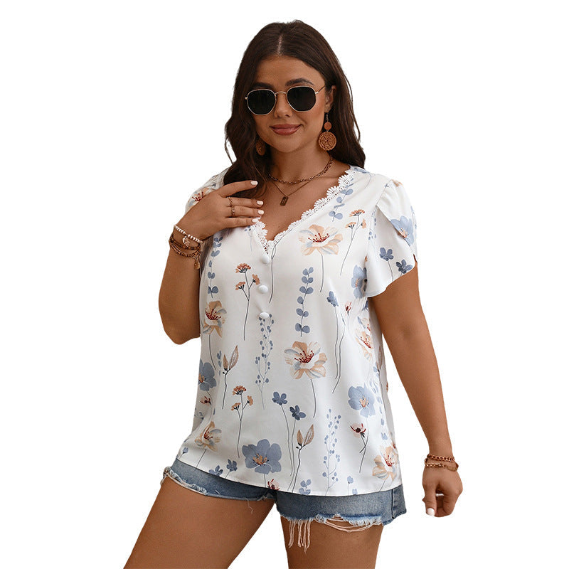Summer V-Neck Lace Panel Printed Shirt Plus Size Women'S Fashion