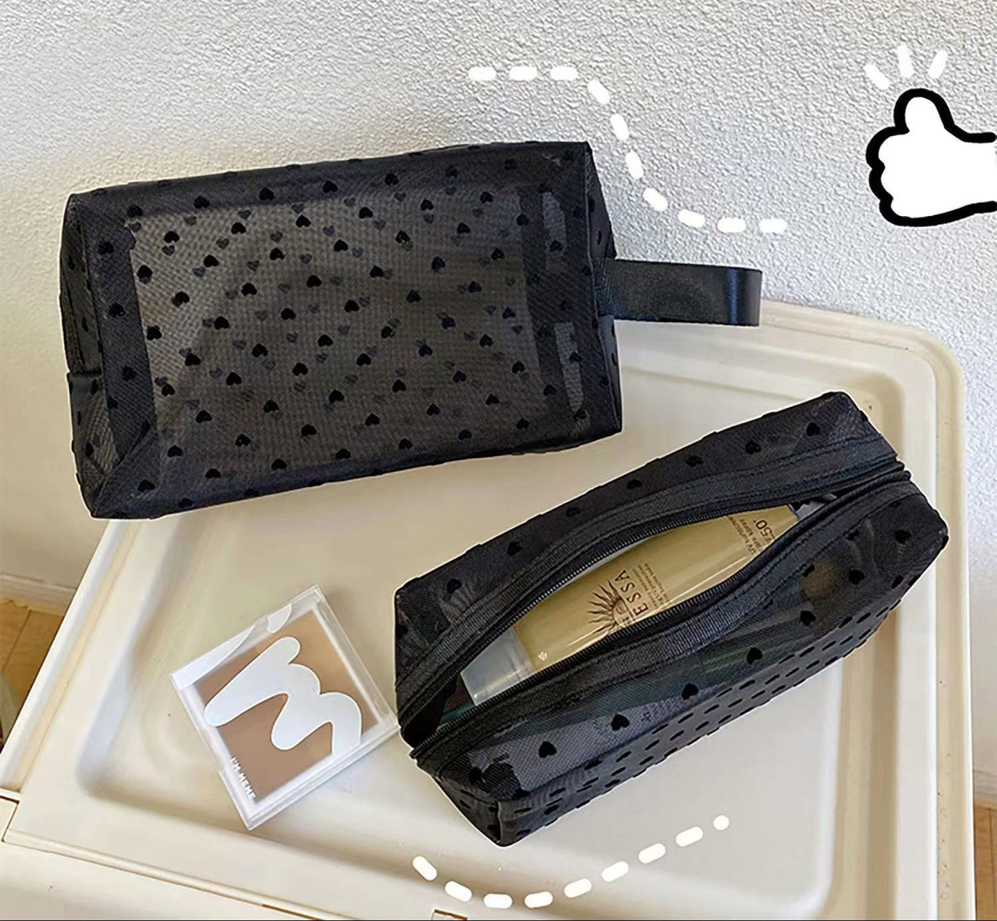 Black Heart Velvet Mesh Makeup Organizer Bag