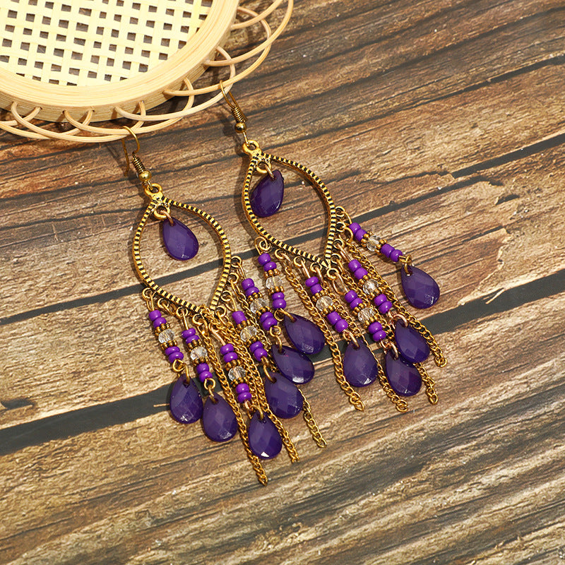 Antique Gold-Plated Long Fringed Earrings For Women Vintage Waterdrop Bohemian Chain Earrings