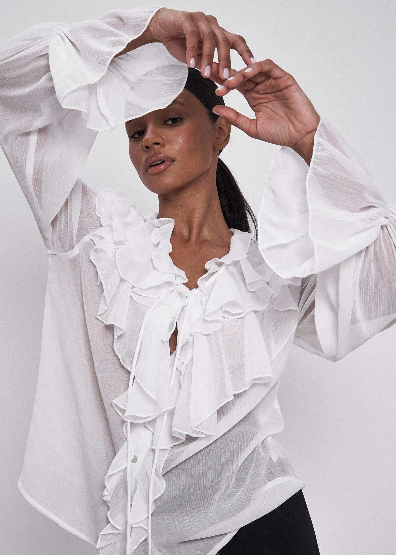 Sheer Chiffon Blouse With Ruffled Bell Sleeves