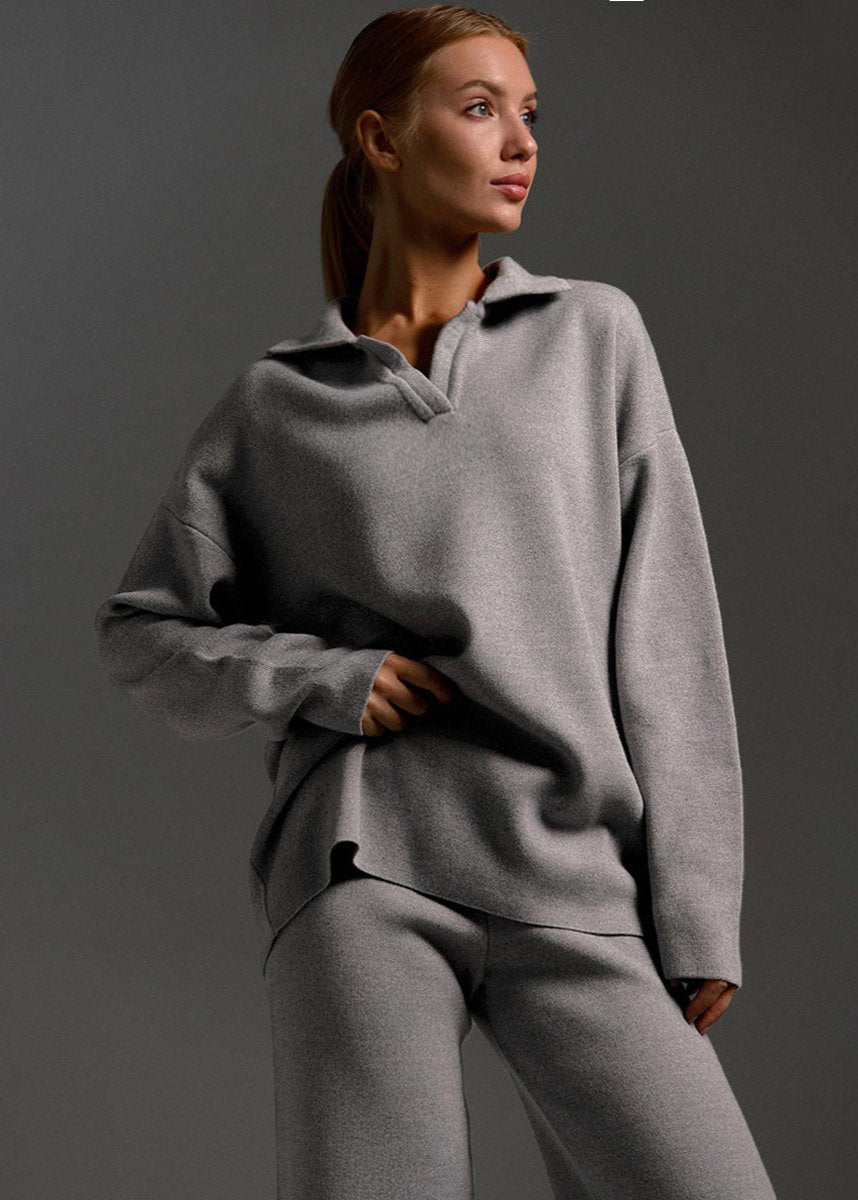 Soft Knit Two Piece Lounge Set With V Neckline